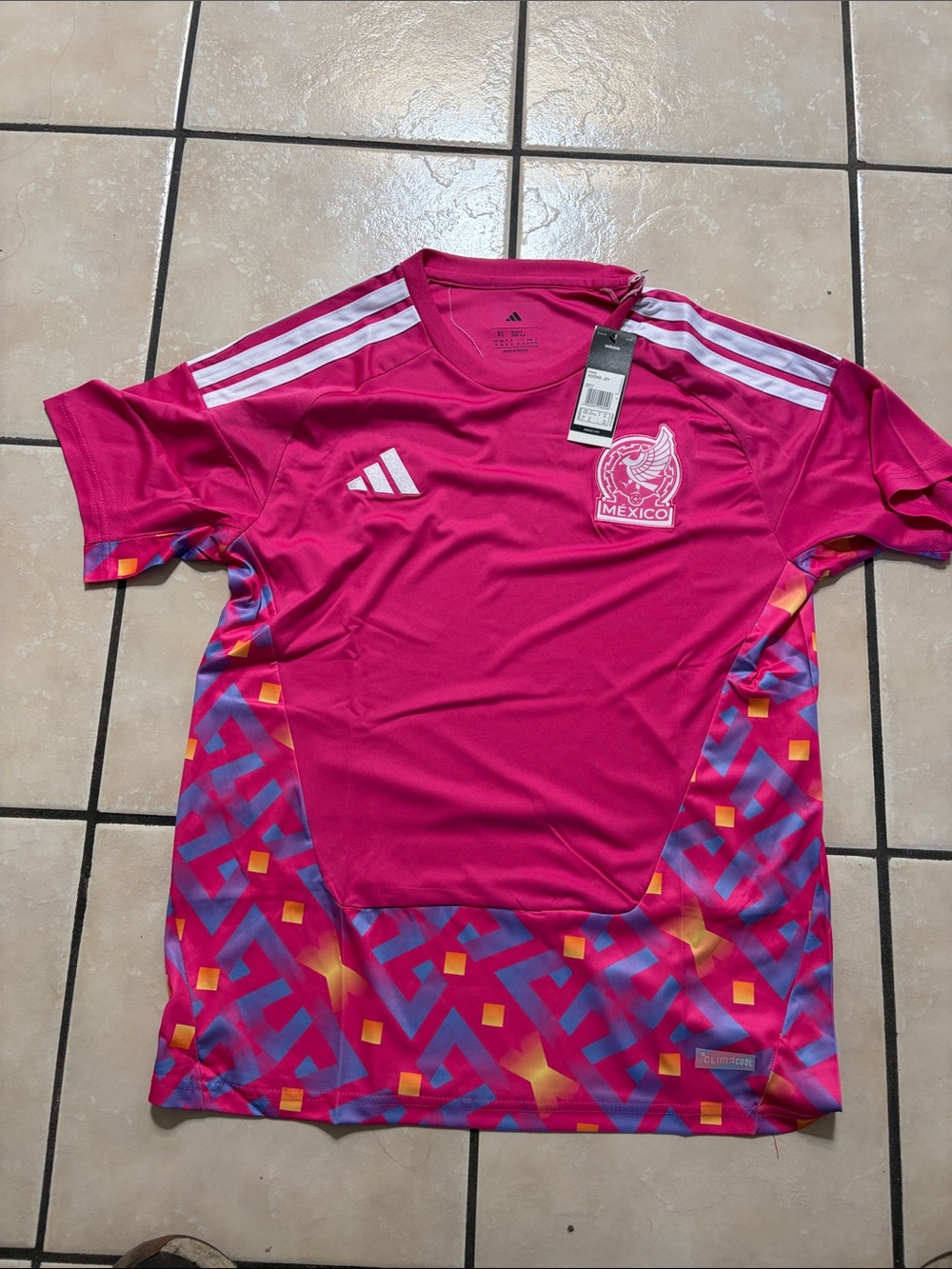 adidas Bright Pink Mexico Soccer Jersey with Geometric Side Panels